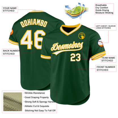 Custom Green White-Gold Authentic Throwback Baseball Jersey - Sky-Custom