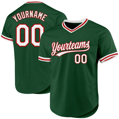 Custom Green White-Red Authentic Throwback Baseball Jersey - Sky-Custom