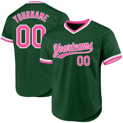Custom Green Pink-White Authentic Throwback Baseball Jersey - Sky-Custom