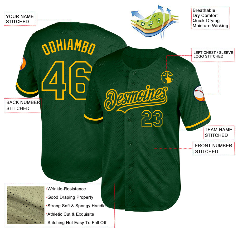 Custom Green Gold Mesh Authentic Throwback Baseball Jersey - Sky-Custom