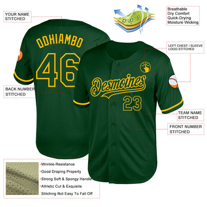 Custom Green Gold Mesh Authentic Throwback Baseball Jersey - Sky-Custom