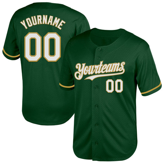 Custom Green White-Old Gold Mesh Authentic Throwback Baseball Jersey - Sky-Custom