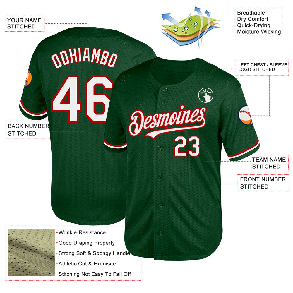 Custom Green White-Red Mesh Authentic Throwback Baseball Jersey - Sky-Custom
