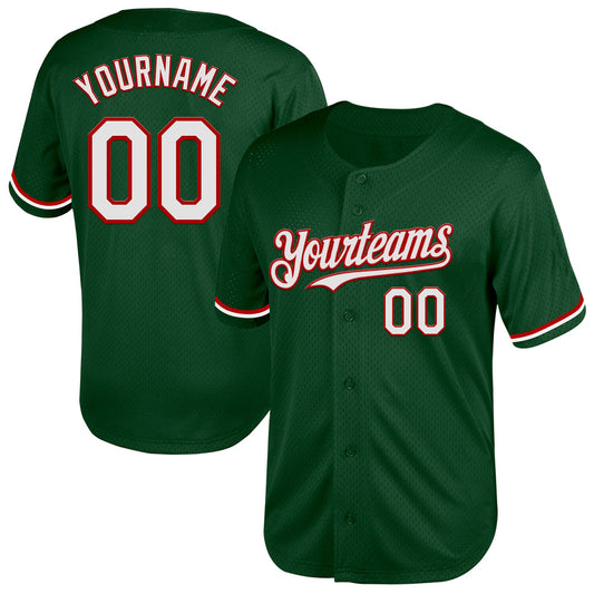 Custom Green White-Red Mesh Authentic Throwback Baseball Jersey - Sky-Custom
