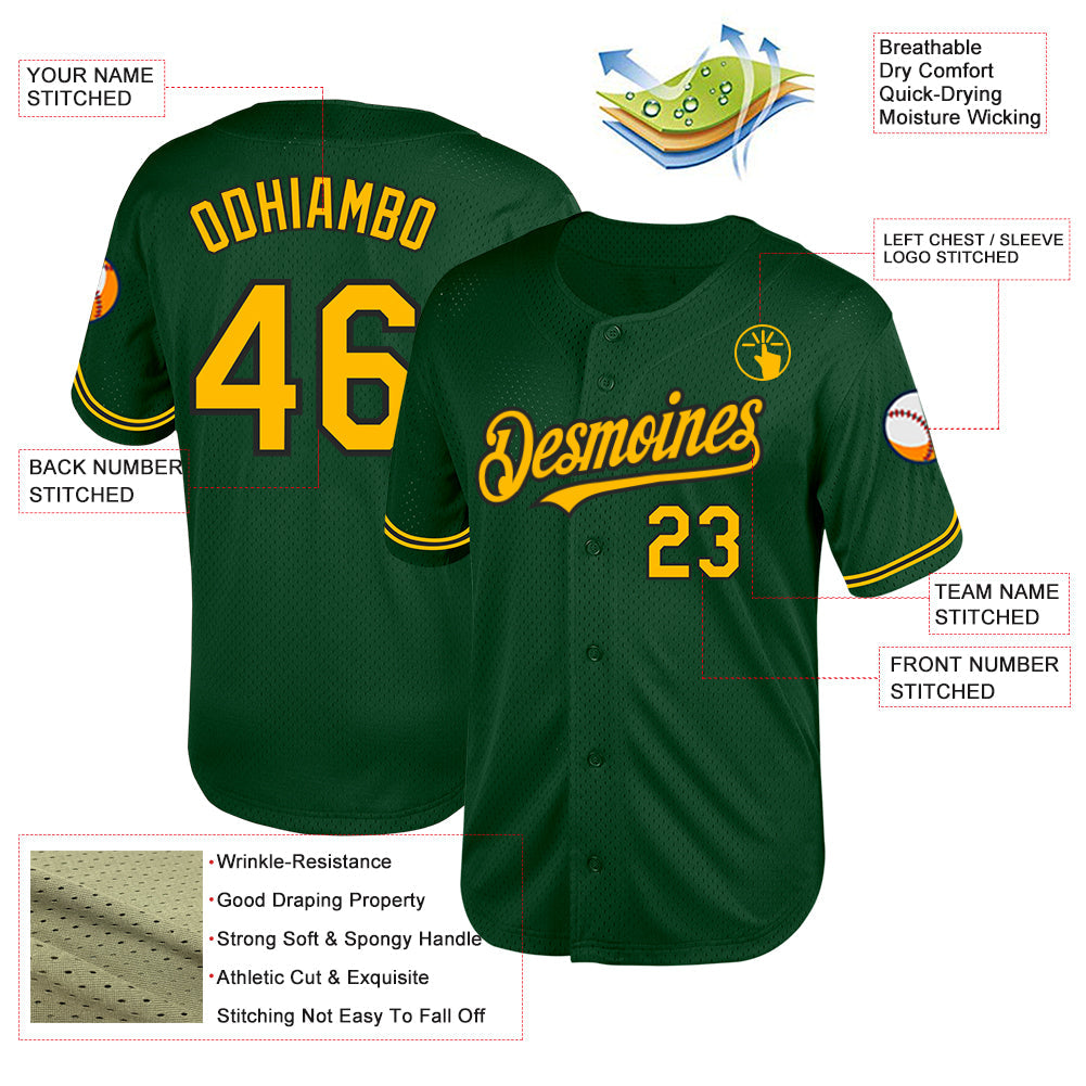 Custom Green Gold-Black Mesh Authentic Throwback Baseball Jersey - Sky-Custom
