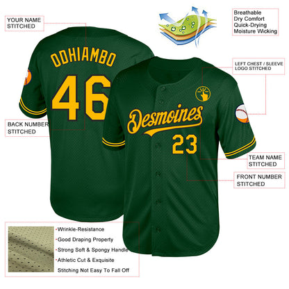 Custom Green Gold-Black Mesh Authentic Throwback Baseball Jersey - Sky-Custom