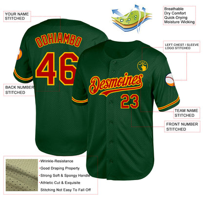 Custom Green Red-Gold Mesh Authentic Throwback Baseball Jersey - Sky-Custom