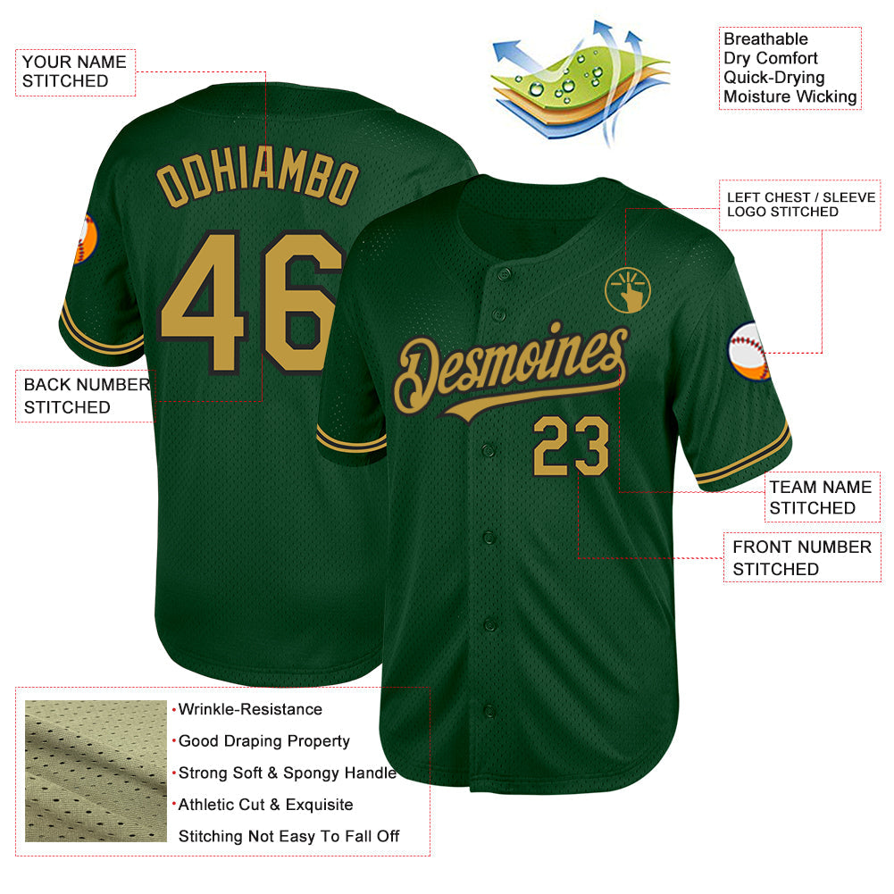Custom Green Old Gold-Black Mesh Authentic Throwback Baseball Jersey - Sky-Custom