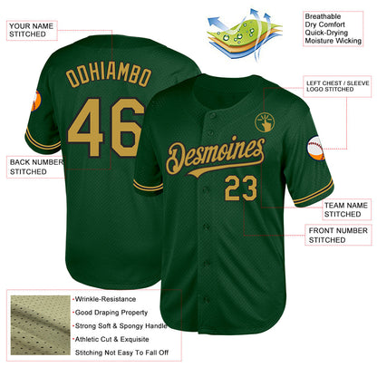 Custom Green Old Gold-Black Mesh Authentic Throwback Baseball Jersey - Sky-Custom
