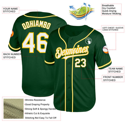 Custom Green White-Yellow Mesh Authentic Throwback Baseball Jersey - Sky-Custom