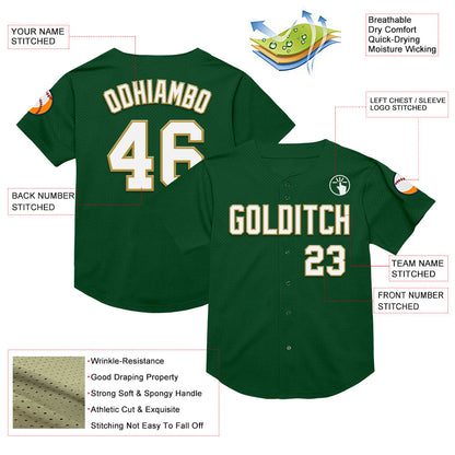 Custom Green White-Old Gold Mesh Authentic Throwback Baseball Jersey - Sky-Custom