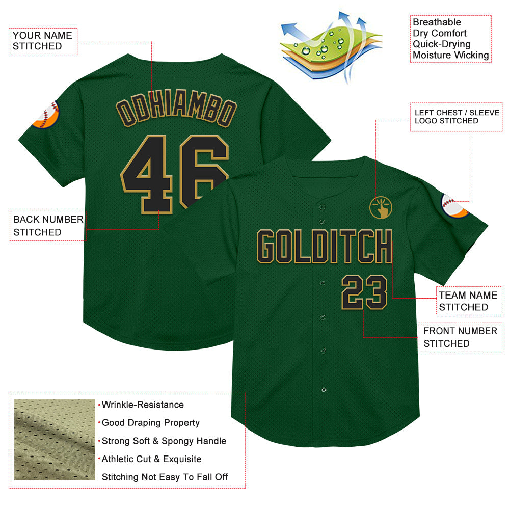 Custom Green Black-Old Gold Mesh Authentic Throwback Baseball Jersey - Sky-Custom