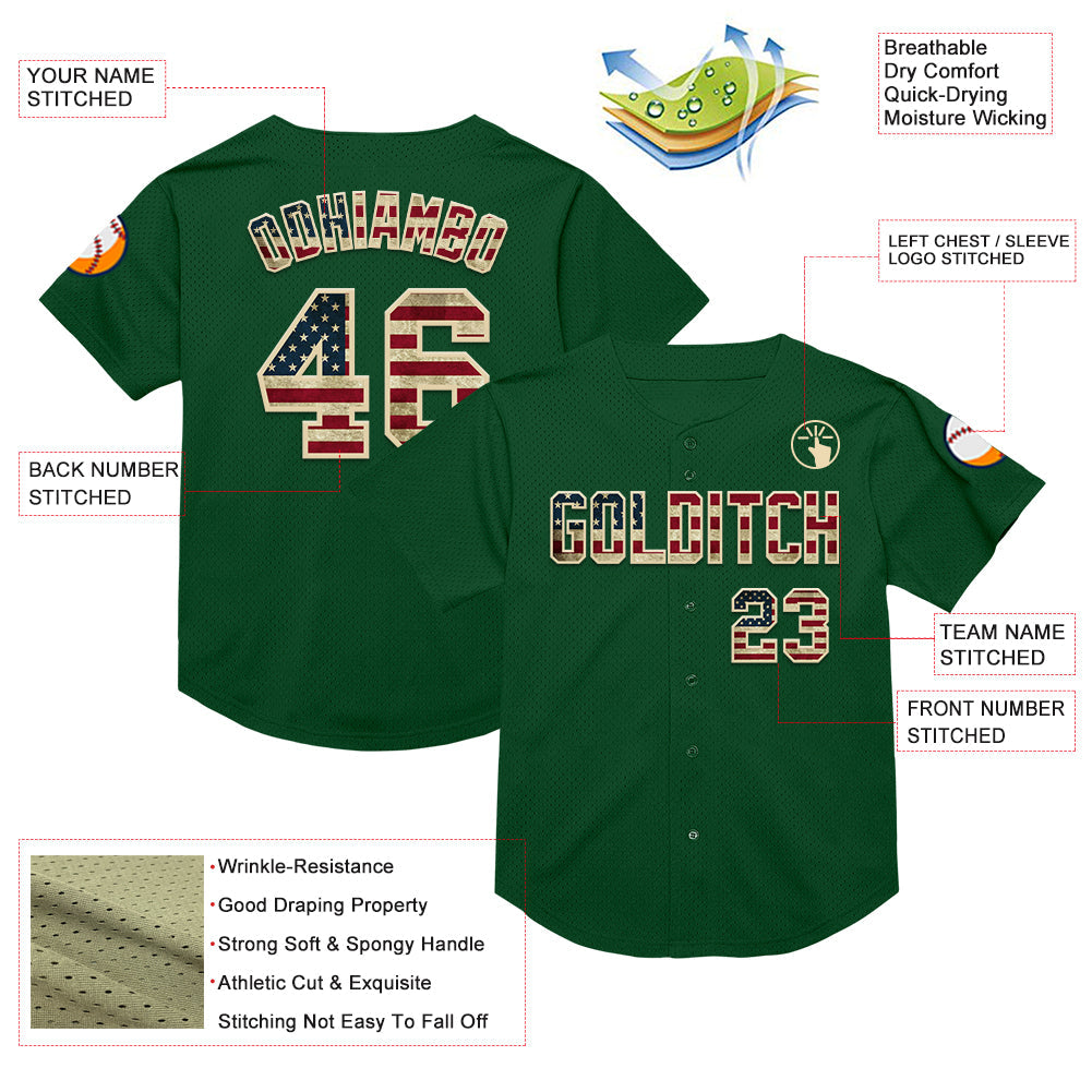 Custom Green Vintage USA Flag-Cream Mesh Authentic Throwback Baseball Jersey - Sky-Custom