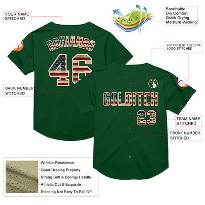 Custom Green Vintage USA Flag-Cream Mesh Authentic Throwback Baseball Jersey - Sky-Custom