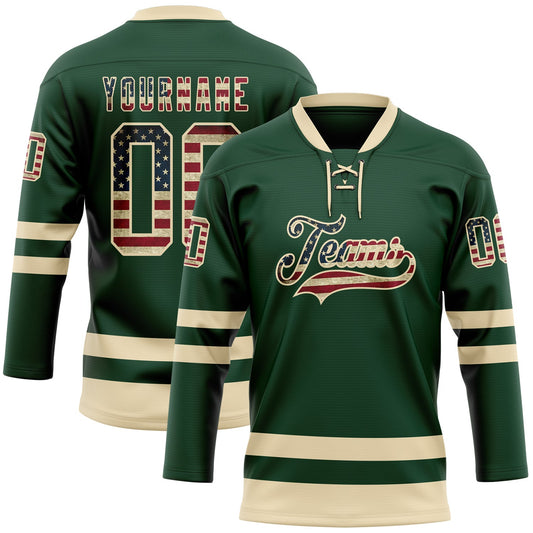 Custom Green Vintage USA Flag-Cream Hockey Lace Neck Jersey - Sky-Custom