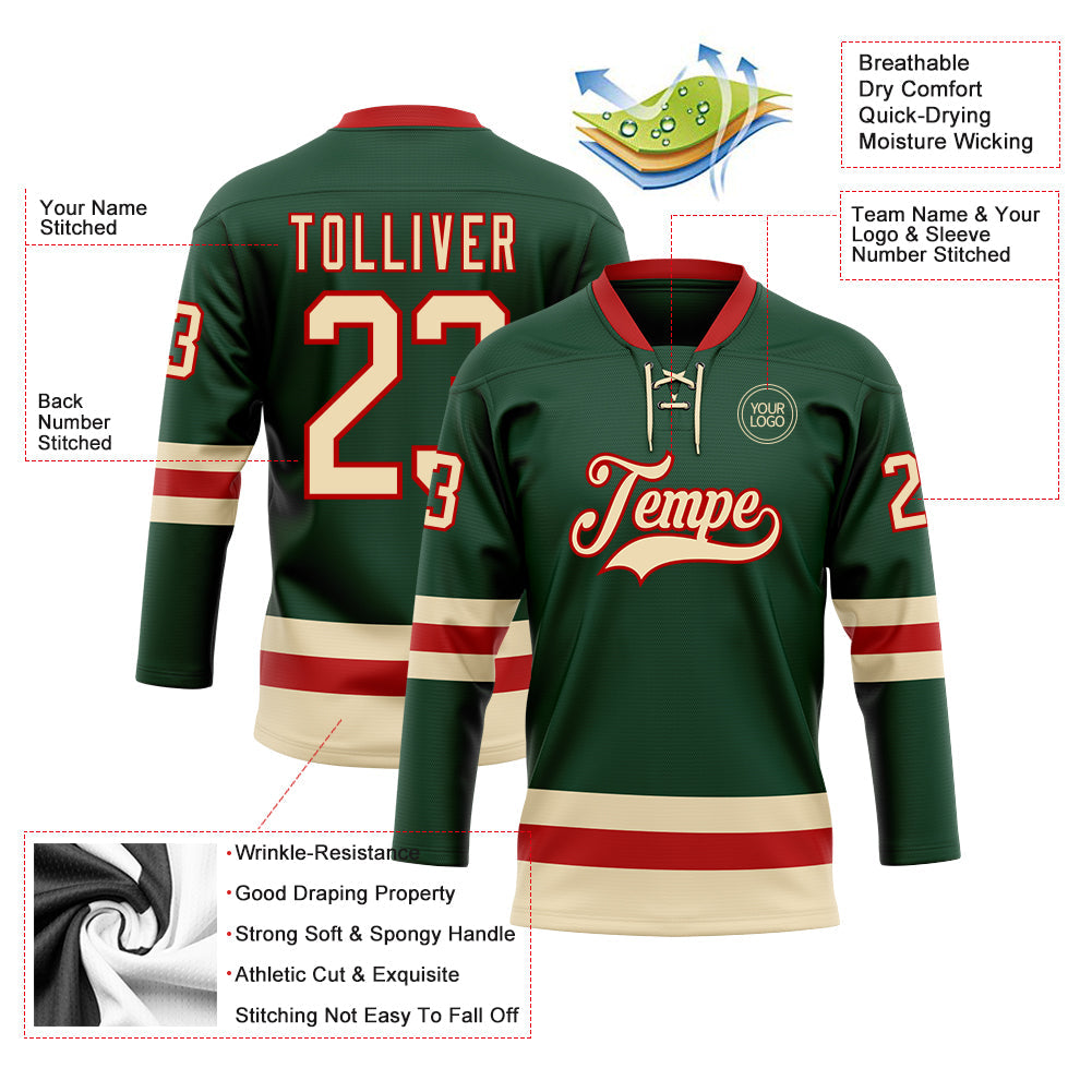 Custom Green Cream-Red Hockey Lace Neck Jersey - Sky-Custom