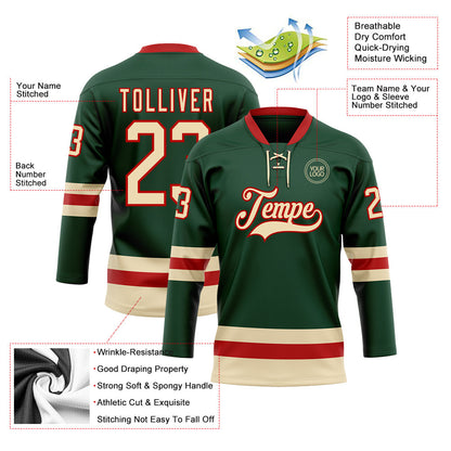 Custom Green Cream-Red Hockey Lace Neck Jersey - Sky-Custom