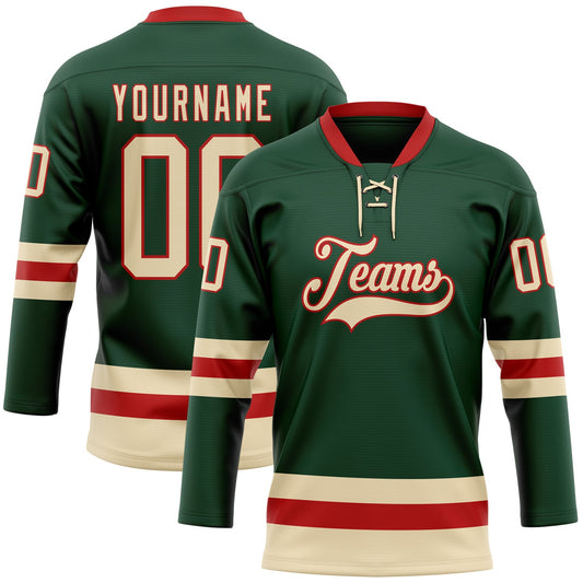 Custom Green Cream-Red Hockey Lace Neck Jersey - Sky-Custom