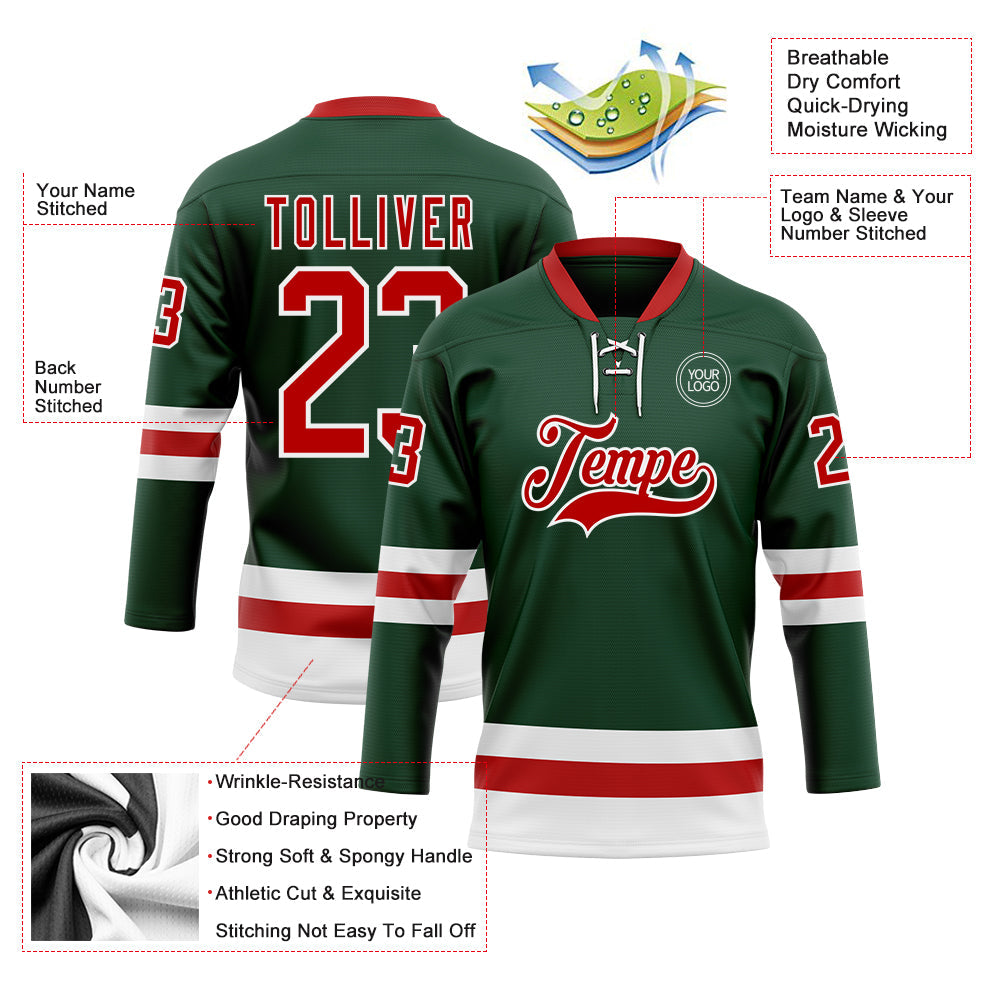 Custom Green Red-White Hockey Lace Neck Jersey - Sky-Custom