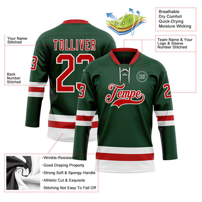 Custom Green Red-White Hockey Lace Neck Jersey - Sky-Custom