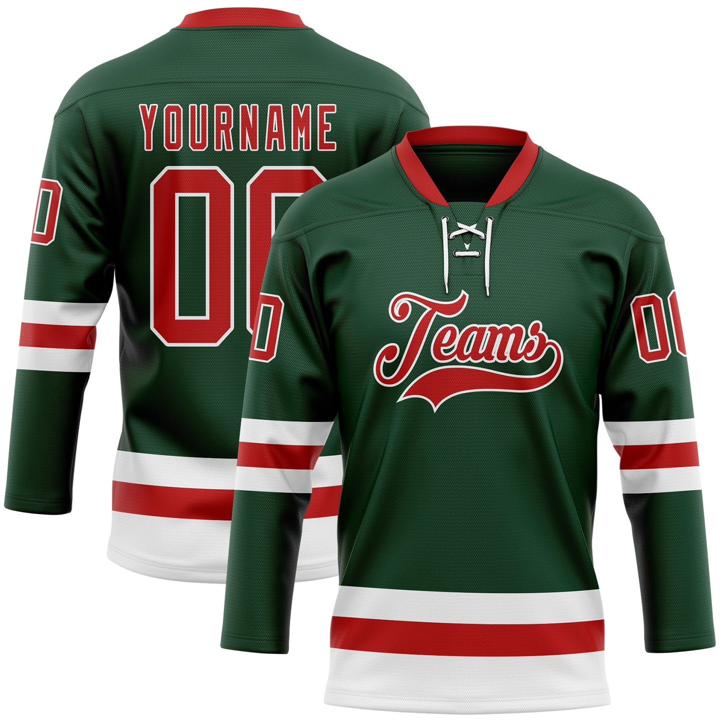 Custom Green Red-White Hockey Lace Neck Jersey - Sky-Custom