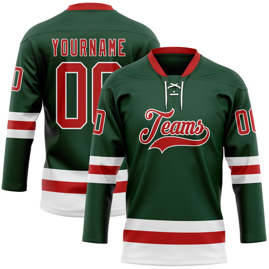 Custom Green Red-White Hockey Lace Neck Jersey - Sky-Custom