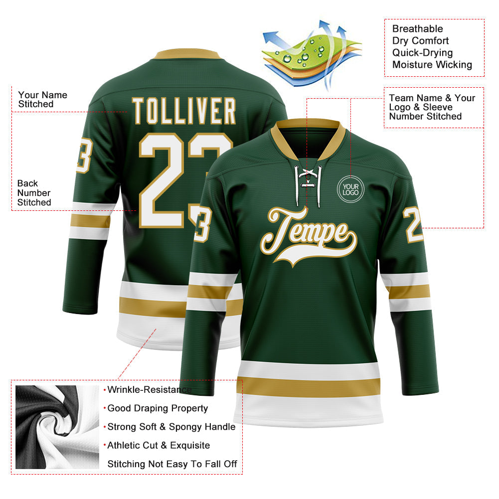 Custom Green White-Old Gold Hockey Lace Neck Jersey - Sky-Custom
