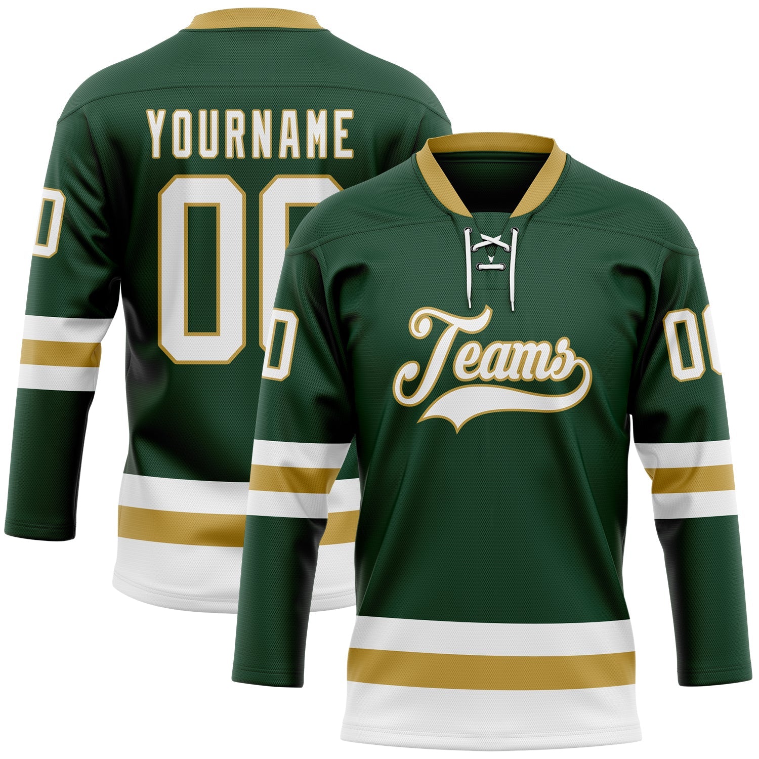 Custom Green White-Old Gold Hockey Lace Neck Jersey - Sky-Custom