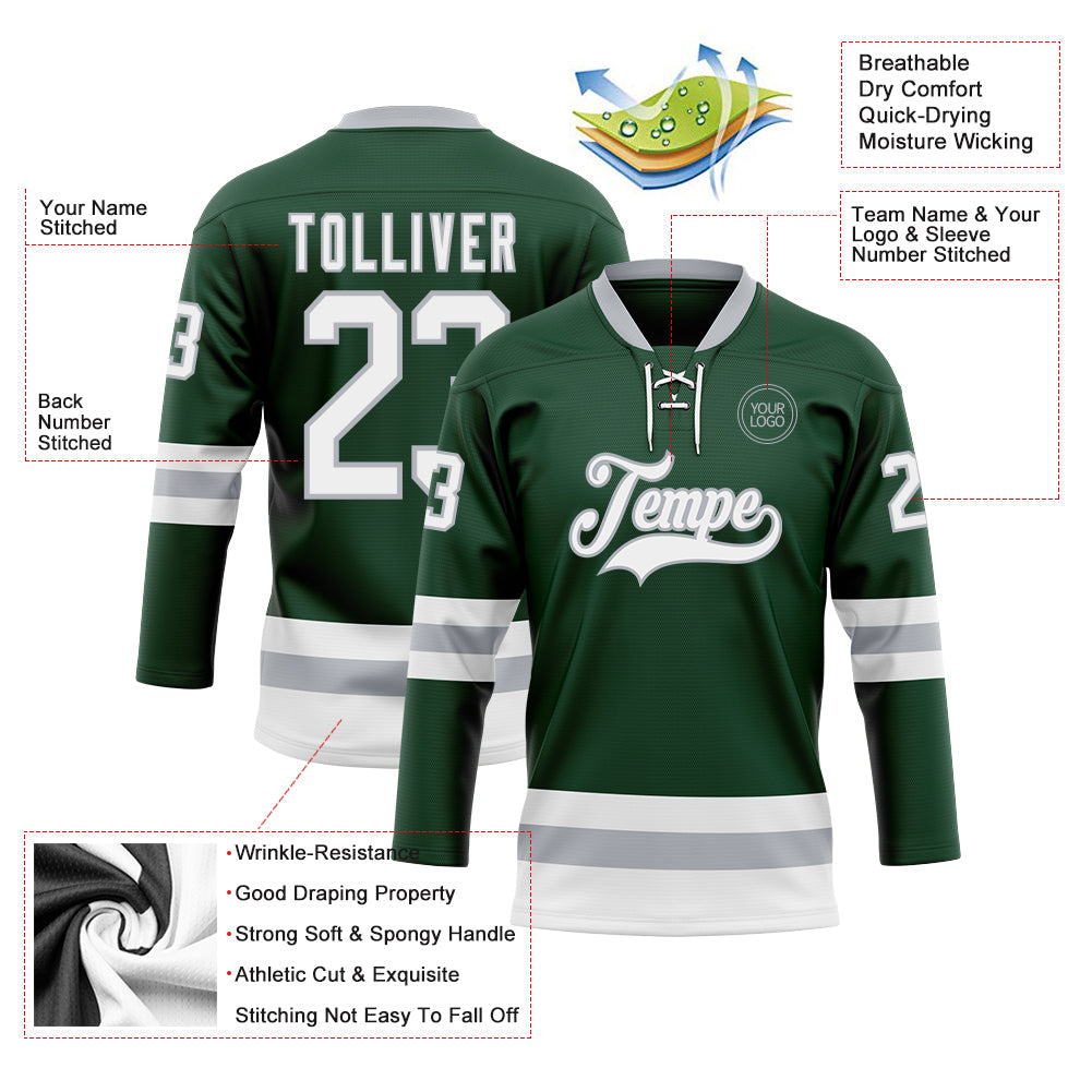 Custom Green White-Gray Hockey Lace Neck Jersey - Sky-Custom