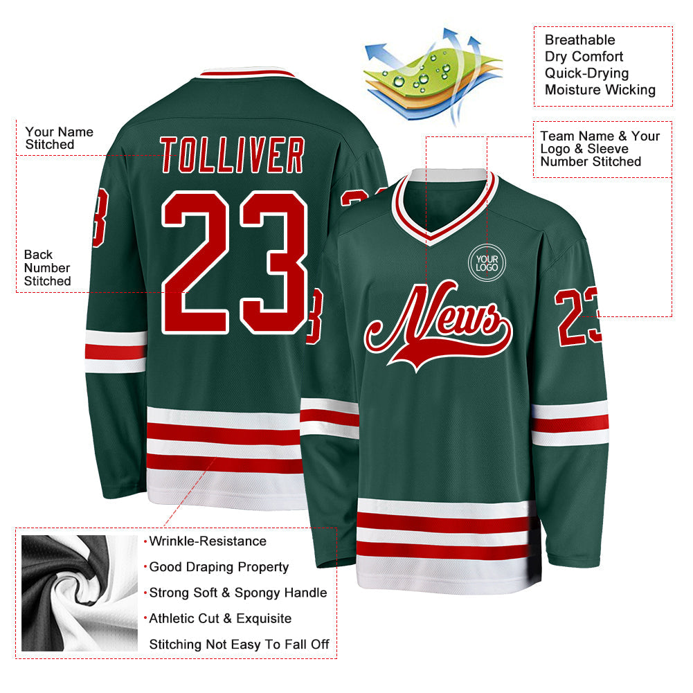 Custom Green Red-White Hockey Jersey - Sky-Custom