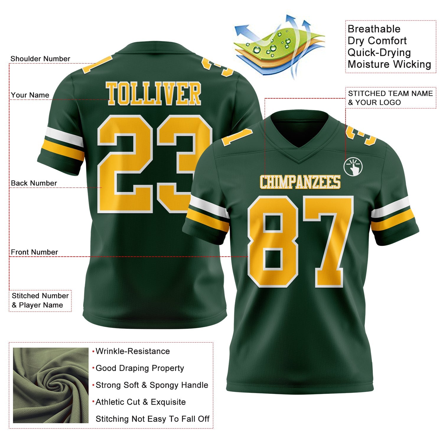 Custom Green Gold-White Mesh Authentic Football Jersey - Sky-Custom