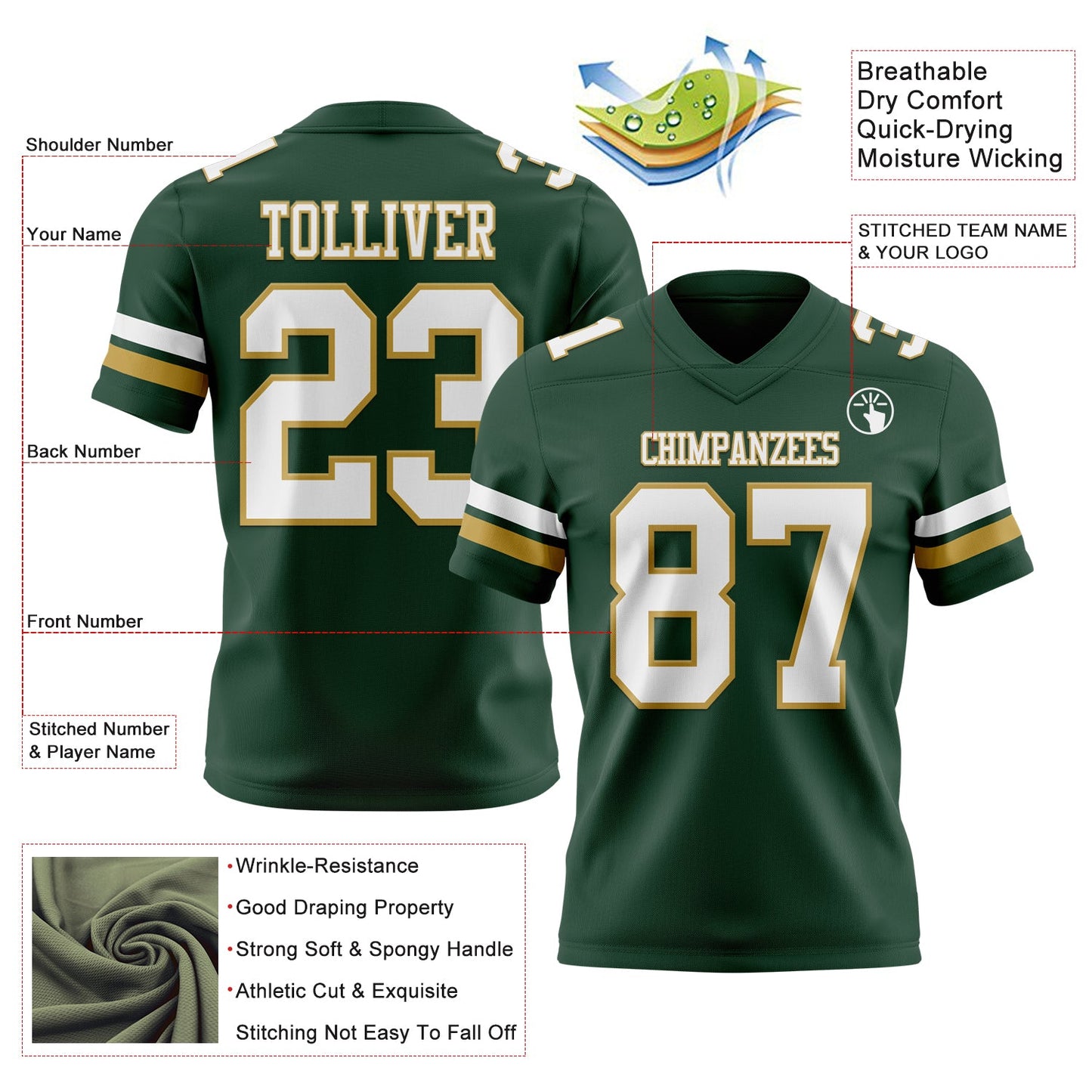 Custom Green White-Old Gold Mesh Authentic Football Jersey - Sky-Custom