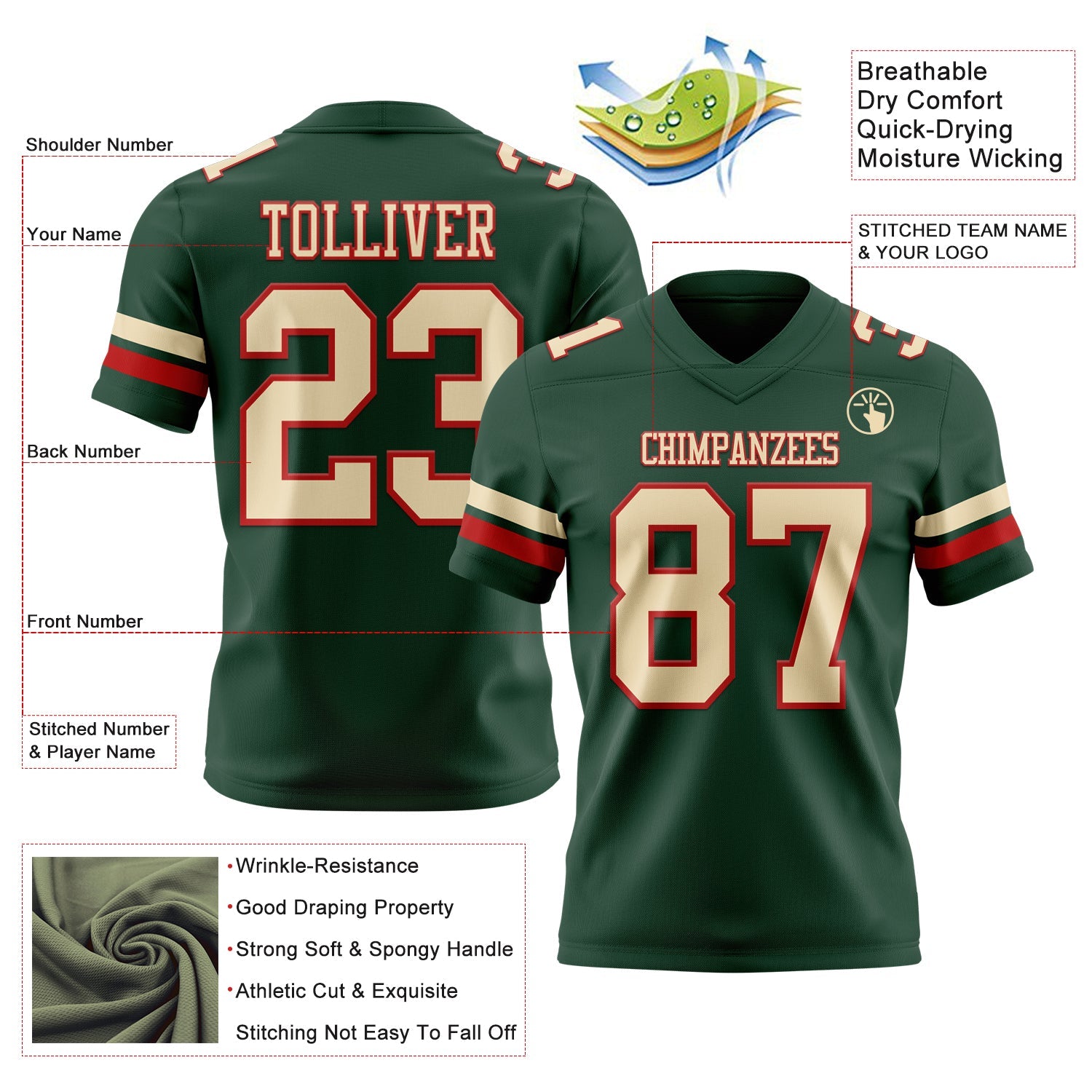 Custom Green Cream-Red Mesh Authentic Football Jersey - Sky-Custom