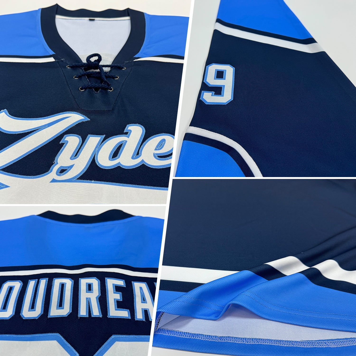 Custom Navy White-Powder Blue Hockey Lace Neck Jersey - Sky-Custom