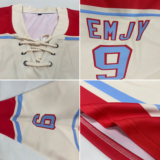 Custom Cream Light Blue-Red Hockey Lace Neck Jersey - Sky-Custom
