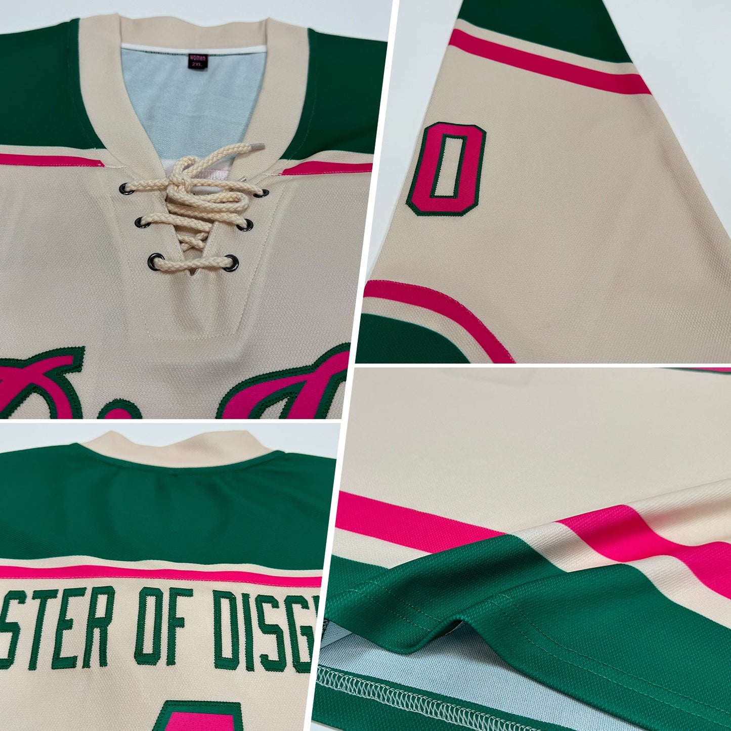 Custom Cream Pink-Kelly Green Hockey Lace Neck Jersey - Sky-Custom