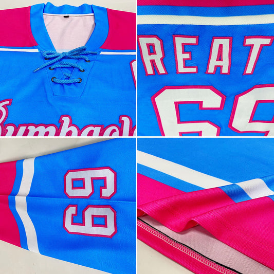 Custom Sky Blue White-Pink Hockey Lace Neck Jersey - Sky-Custom