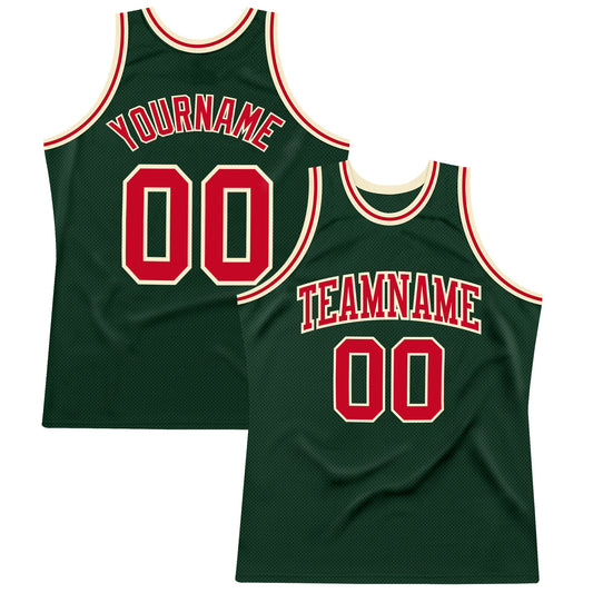 Custom Hunter Green Red-Cream Authentic Throwback Basketball Jersey - Sky-Custom