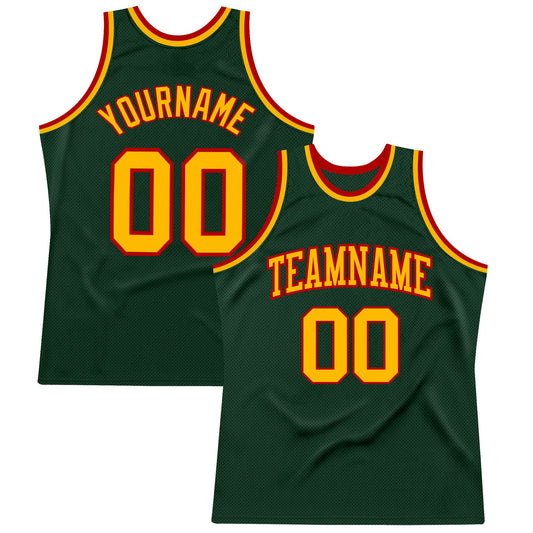 Custom Hunter Green Gold-Red Authentic Throwback Basketball Jersey - Sky-Custom
