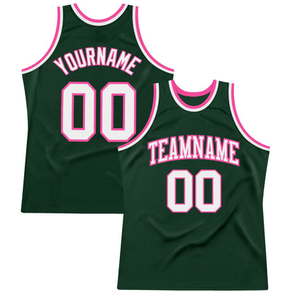 Custom Hunter Green White-Pink Authentic Throwback Basketball Jersey - Sky-Custom