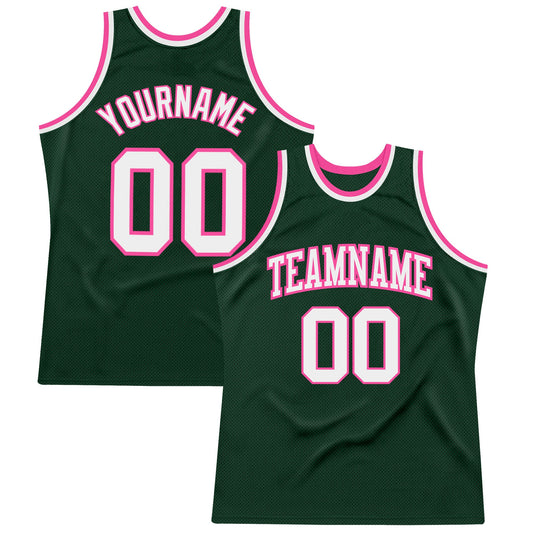 Custom Hunter Green White-Pink Authentic Throwback Basketball Jersey - Sky-Custom