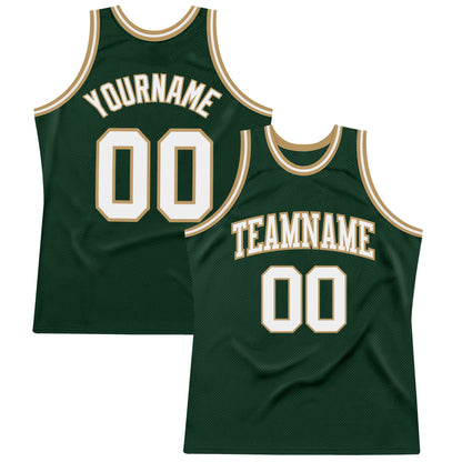 Custom Hunter Green White-Old Gold Authentic Throwback Basketball Jersey - Sky-Custom