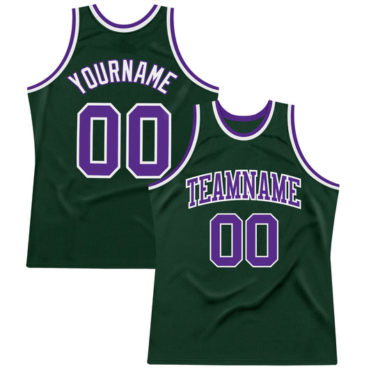 Custom Hunter Green Purple-White Authentic Throwback Basketball Jersey - Sky-Custom