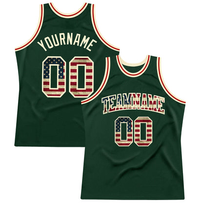 Custom Hunter Green Vintage USA Flag-Cream Authentic Throwback Basketball Jersey - Sky-Custom