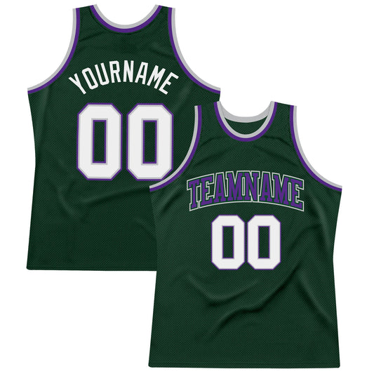 Custom Hunter Green White Gray-Purple Authentic Throwback Basketball Jersey - Sky-Custom