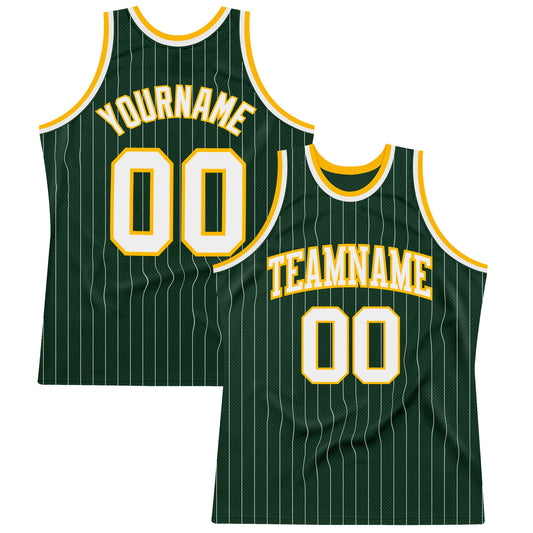 Custom Hunter Green White Pinstripe White-Gold Authentic Basketball Jersey - Sky-Custom