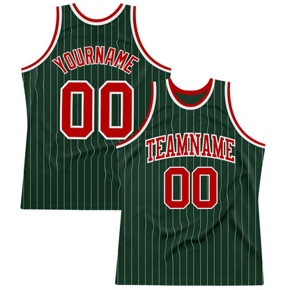Custom Hunter Green White Pinstripe Red Authentic Basketball Jersey - Sky-Custom