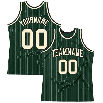 Custom Hunter Green White Pinstripe Cream-Black Authentic Basketball Jersey - Sky-Custom