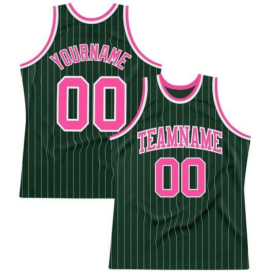 Custom Hunter Green White Pinstripe Pink Authentic Basketball Jersey - Sky-Custom