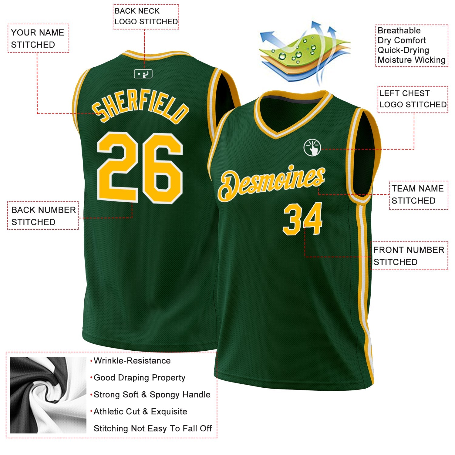 Custom Hunter Green Gold-White Authentic Throwback Basketball Jersey - Sky-Custom